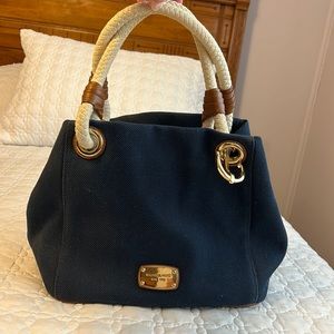 Michael Kors Navy Blue Nautical Canvas Tote Bag w/ Rope Anchor detail